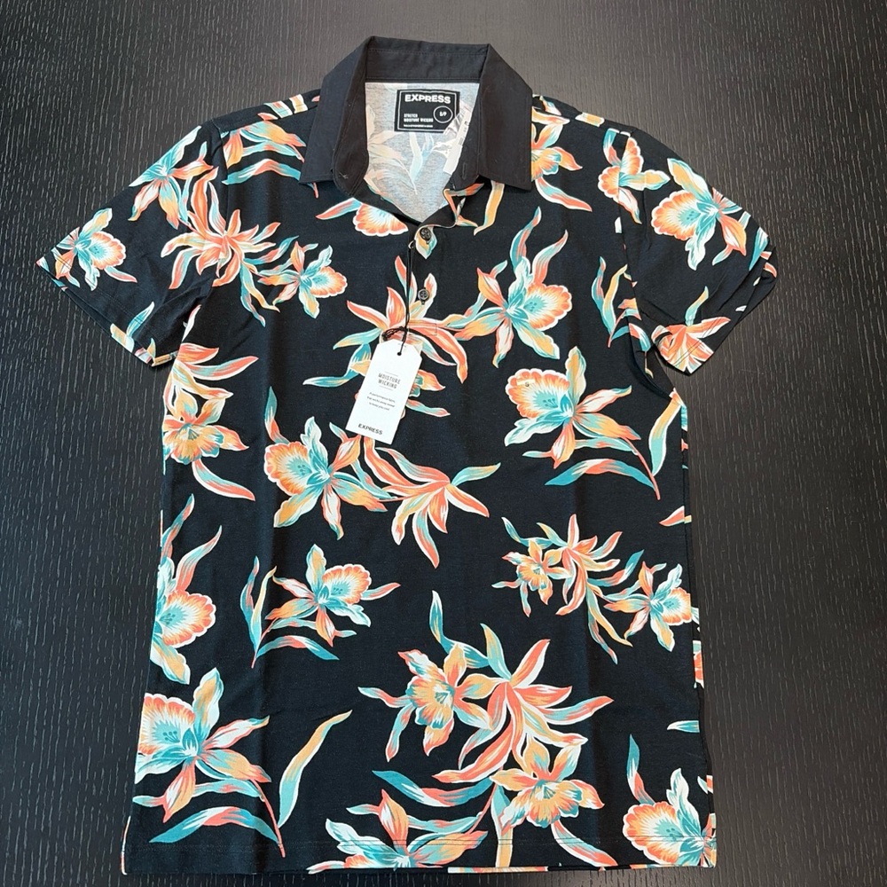 Express Black Floral Polo with Teal and Coral Blooms